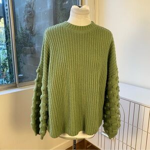 &merci Green Bobble Sleeve Chunky Knit Sweater, Size S